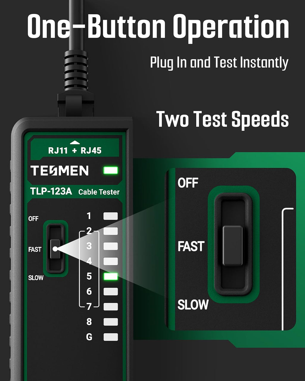 TESMEN TLP-123A Network Cable Tester for RJ11 RJ45, Ethernet Wire Tool for CAT5/CAT5E/CAT6/CAT6A/CAT7/UTP&STP, LAN & TEL Continuity Test, Suitable for Cable Maintenance - Green