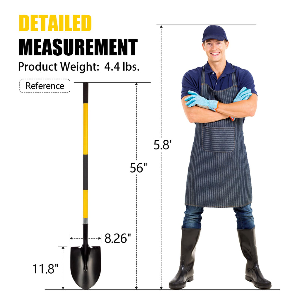 VNIMTI Heavy Duty Gardening Shovel, 56 Inch Round Blade with Fiberglass Handle (Yellow)