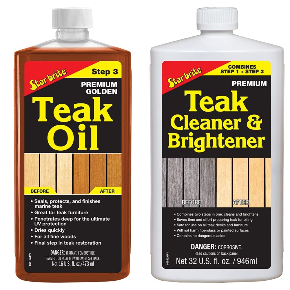 STAR BRITE Premium Golden Teak Oil - Sealer, Preserver & Finish for Outdoor Teak & Other Fine Woods - Step 3-16 OZ (085116PW) & One Step Teak Cleaner & Brightener - 32 OZ (094932), White