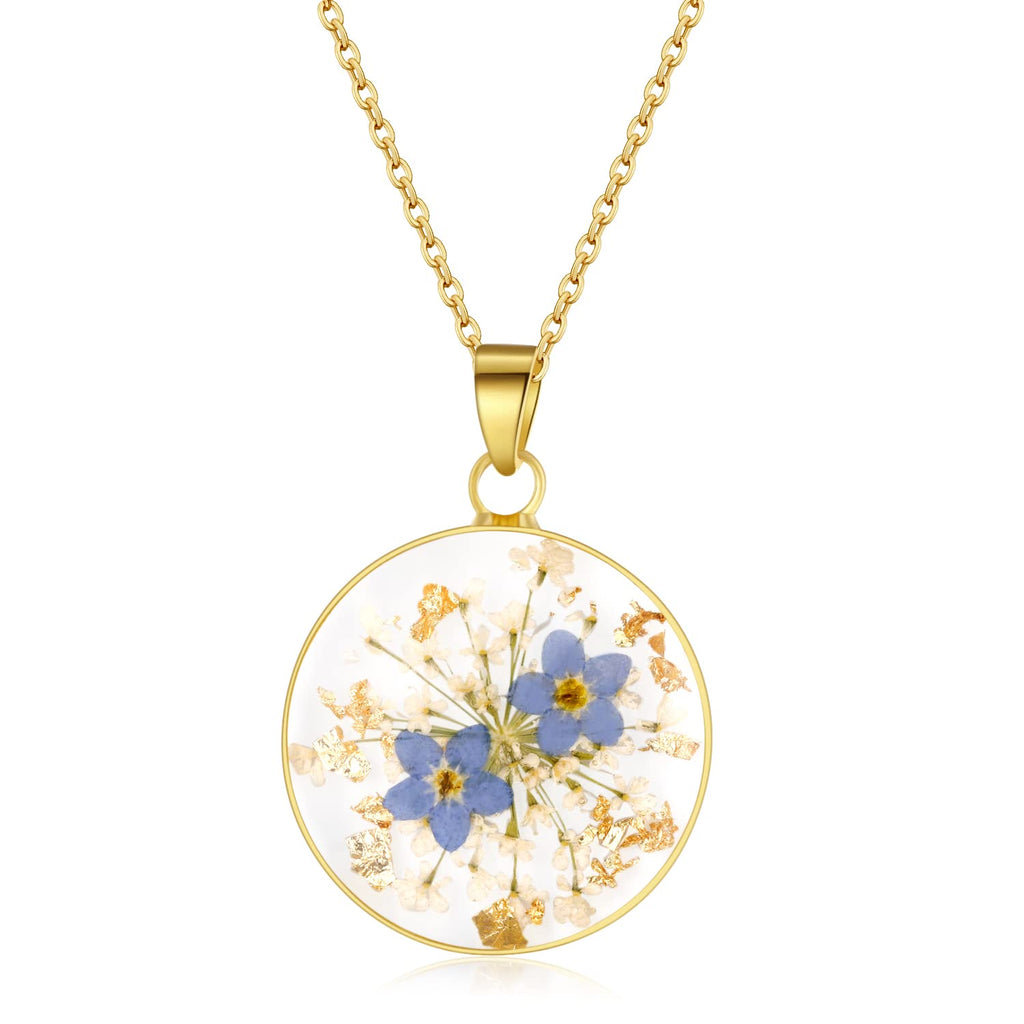 Forget-Me-Not and Queen Anne's Lace Pressed Wildflower Necklace | Gold Pressed Flower Necklace | Personalized Handmade Necklaces for Women | Forget-Me-Not Jewelry | Alaska State Flower Jewelry | 18”