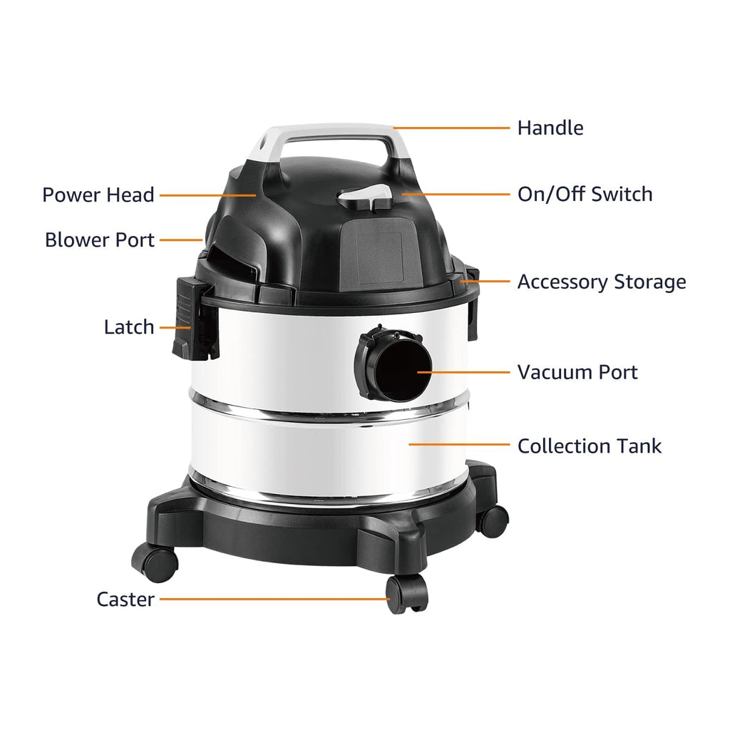 Amazon Basics Wet Dry Shop Vacuum Cleaner, 4 Gallon, 3 HP Stainless Steel, Grey/Black