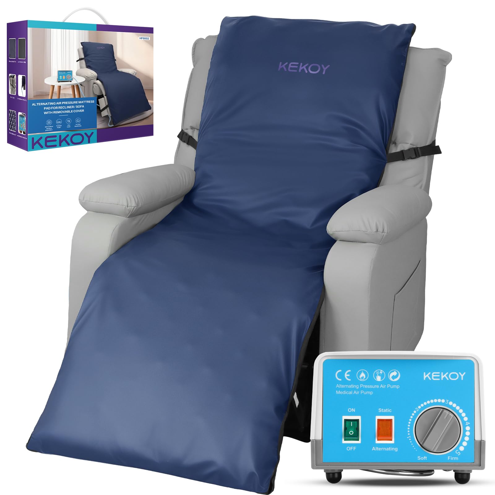 Kekoy Alternating Air Pressure Mattress Pad for Recliner Chair, Upgraded Anti-Slip Design, Pressure Relief Cushion & Bedsore Prevention for Elderly, Quiet Pump, Waterproof Cover for Home Hospital Use