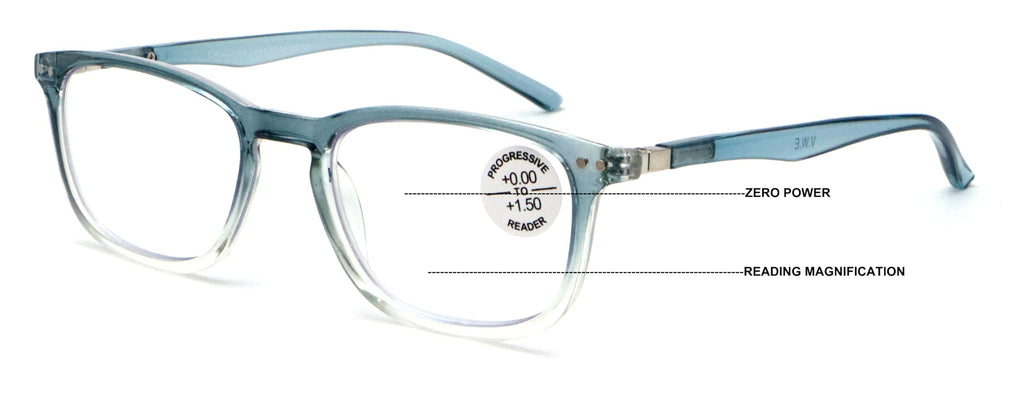 V.W.E. Lightweight Progressive Clear Bifocal Reading glasses - No Line or Bubble - Zero Power on Top Reader Translucent Slim (Blue, 1.50, x)