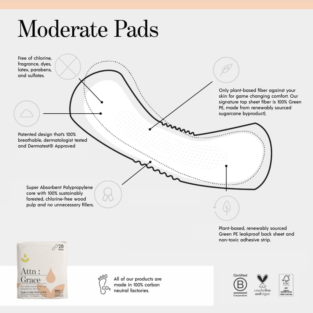 Attn: Grace Moderate Incontinence Pads for Women 2-Pack (56 Pads Total / 28 per Pack) - High Absorbency for Sensitive Skin - Protection for Heavy Bladder Leakage/Discreet, Breathable, & Plant-Based