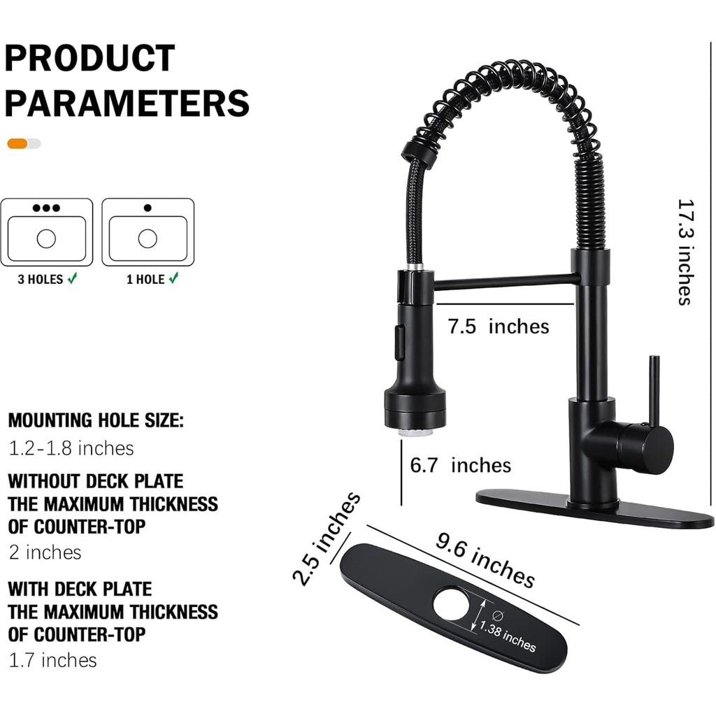 DJS Kitchen Faucets with Pull Down Sprayer LED Light Single Handle 1 or 3 Holes Spring Kitchen Sink Faucet with Deck Plate for Farmhouse RV Vessel Basin