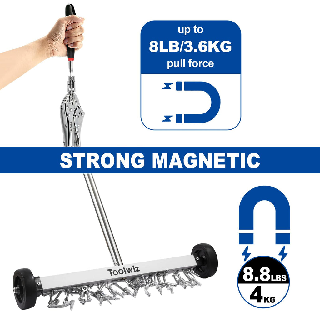 Toolwiz 17" Rolling Magnetic Sweeper 10lbs, with 8 lbs Telescopic Magnetic Pick Up tools with LED light–Lightweight Pick-up Sweeper with Wheels for Nails, Screws & Metal Debris Home Use Workshop