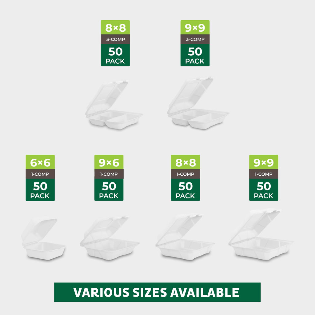 Freshware Compostable Clamshell Food Containers - 8x8" 50-Pack, Biodegradable Sugarcane To Go Boxes, Heavy Duty Paper Container - Microwave & Freezer Safe, Stackable