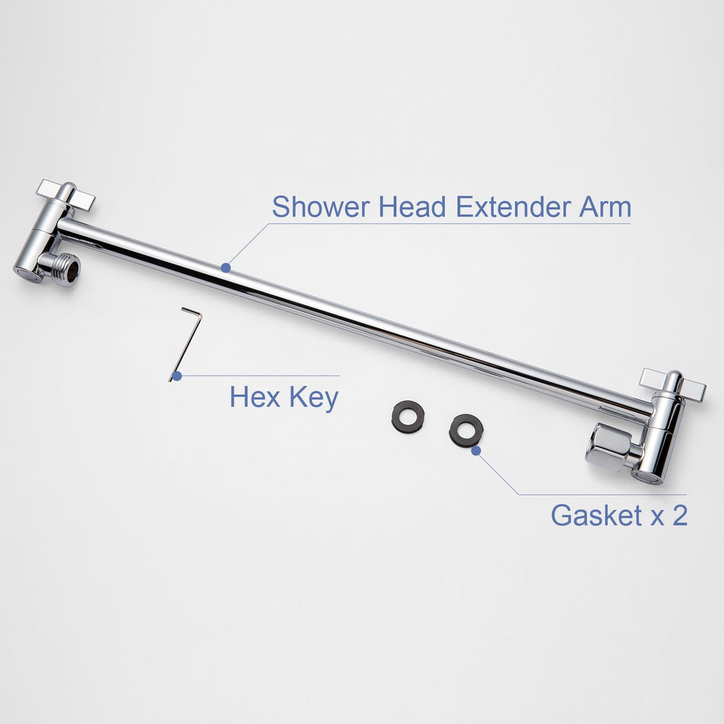 OFFO Shower Head Extension Arm, 16 in Shower Extension Arm with Locking Nut, Adjustable Shower Arm Extender, G1/2 Connector for Fixed Shower Head & Handheld Showerhead, Chrome
