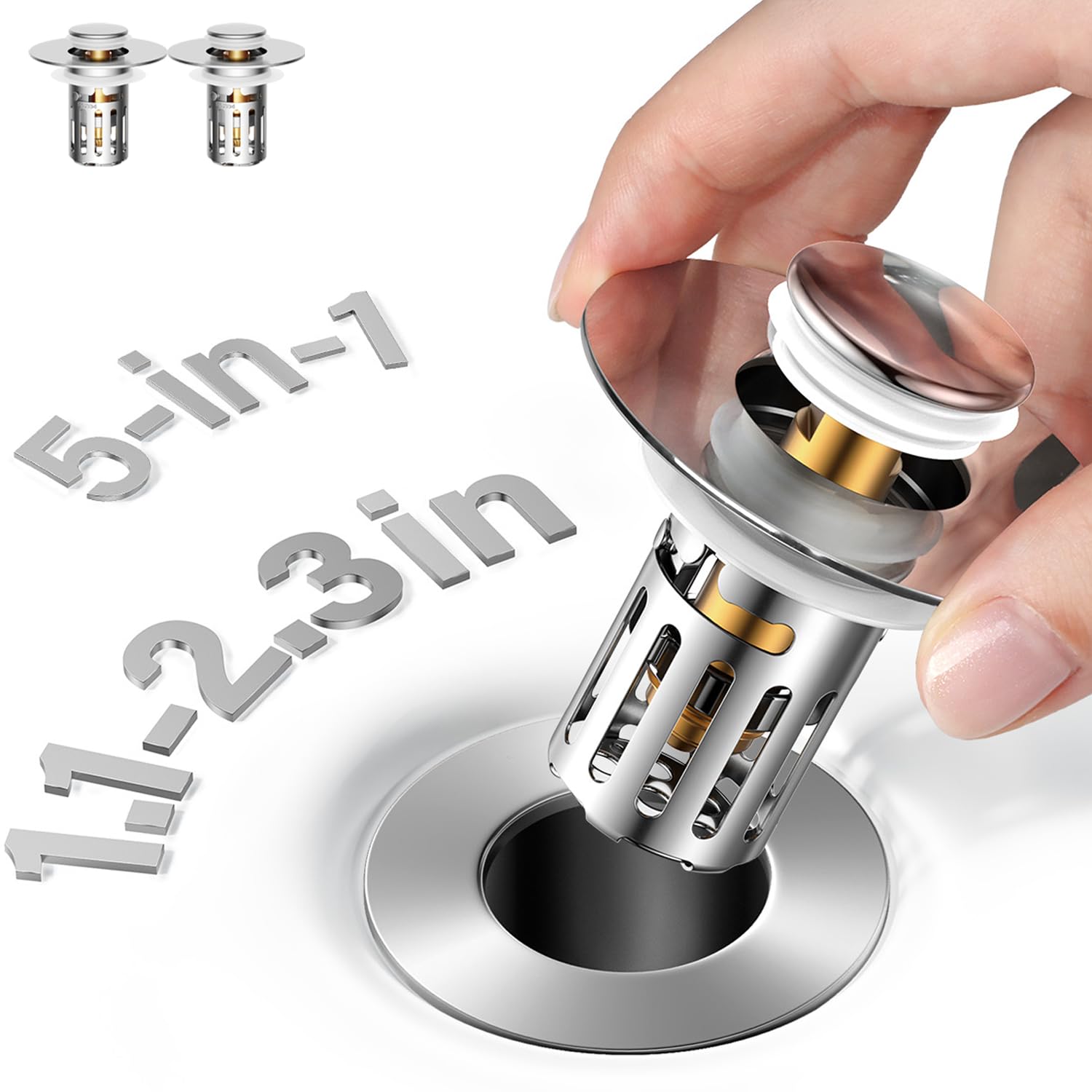 5-in-1 Bathroom Sink Stopper, 2 Pc Pop-Up Drain Stopper with Removable Hair Catcher, Anti-Clog Strainer, Odor Blocking & One-Way Flow Design, All Metal Brass Core & Stainless Steel, Fit 1.1"–2.36"