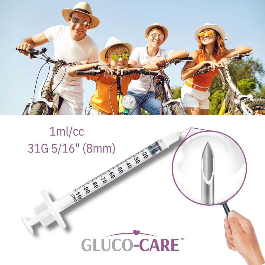 GLUCO-CARE 1 ml/cc Syringes 31G x 5/16’’ (8mm), Orange Cap, 100/box