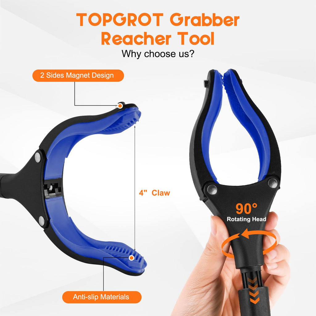 TOPGROT 2-Pack Grabber Reacher Tool, 34" Foldable Reacher Grabber Pickup Tool with 360° Anti-Slip Rotating Jaw & Magnets, 4" Wide Claw Opening Reachers for Seniors, Trash Picker Tool