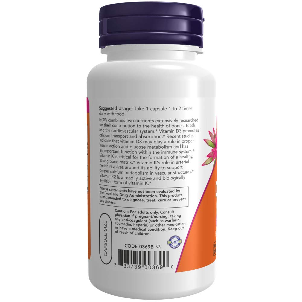NOW Foods Vitamin D-3 & K-2, 120 Vegetable Capsule (2 Pack)