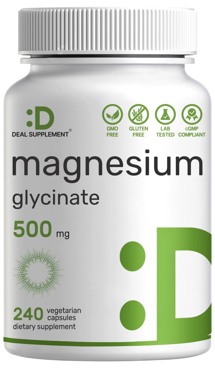 Deal Supplement Magnesium Glycinate 500mg, 240 Veggie Capsules | 100% Chelated for Easy Absorption | Essential Mineral Supplement | Non-GMO, Gluten-Free