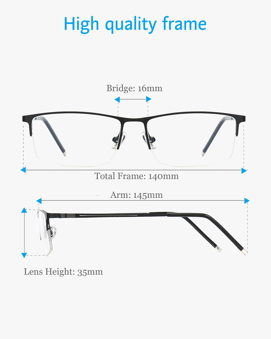 ANRRI Blue Light Glasses Mens Rectangle Semi Rimless Glasses Computer Gaming glasses for men Lightweight Titanium Black Eyewear