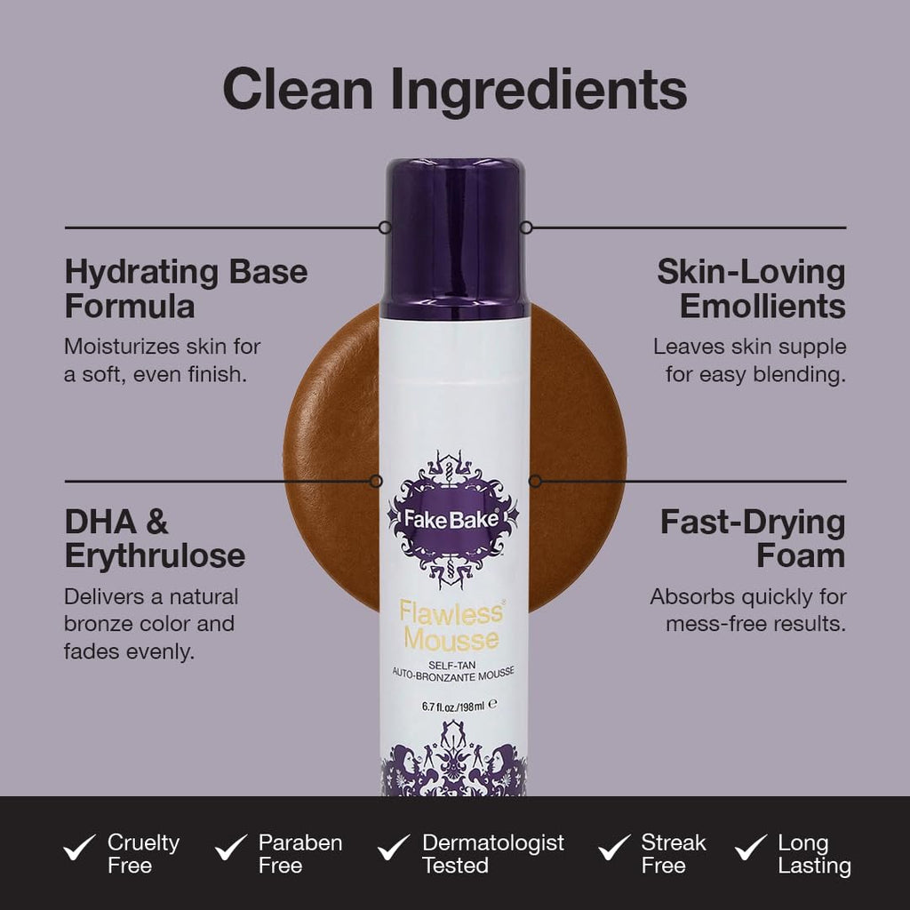 Fake Bake Flawless Self Tanning Mousse Streak-Free, Long-Lasting Natural Glow For All Skin Tones Women & Men - Sunless Tanner Includes Mitt For Easy Application, Black Coconut Scent - 6.7 oz