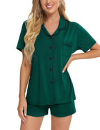 SWOMOG Womens Button Down Pajamas Set Short Sleeve Sleepwear Bride Soft Pj Lounge Sets XS-3XL Christmas Green XXX-Large