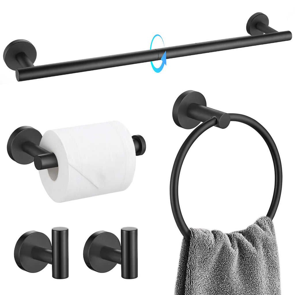 TQKAG Matte Black Bathroom Hardware Set 5 Pieces, SUS304 Stainless Steel Towel Bar Set Round Bathroom Towel Rack Set Wall Mounted