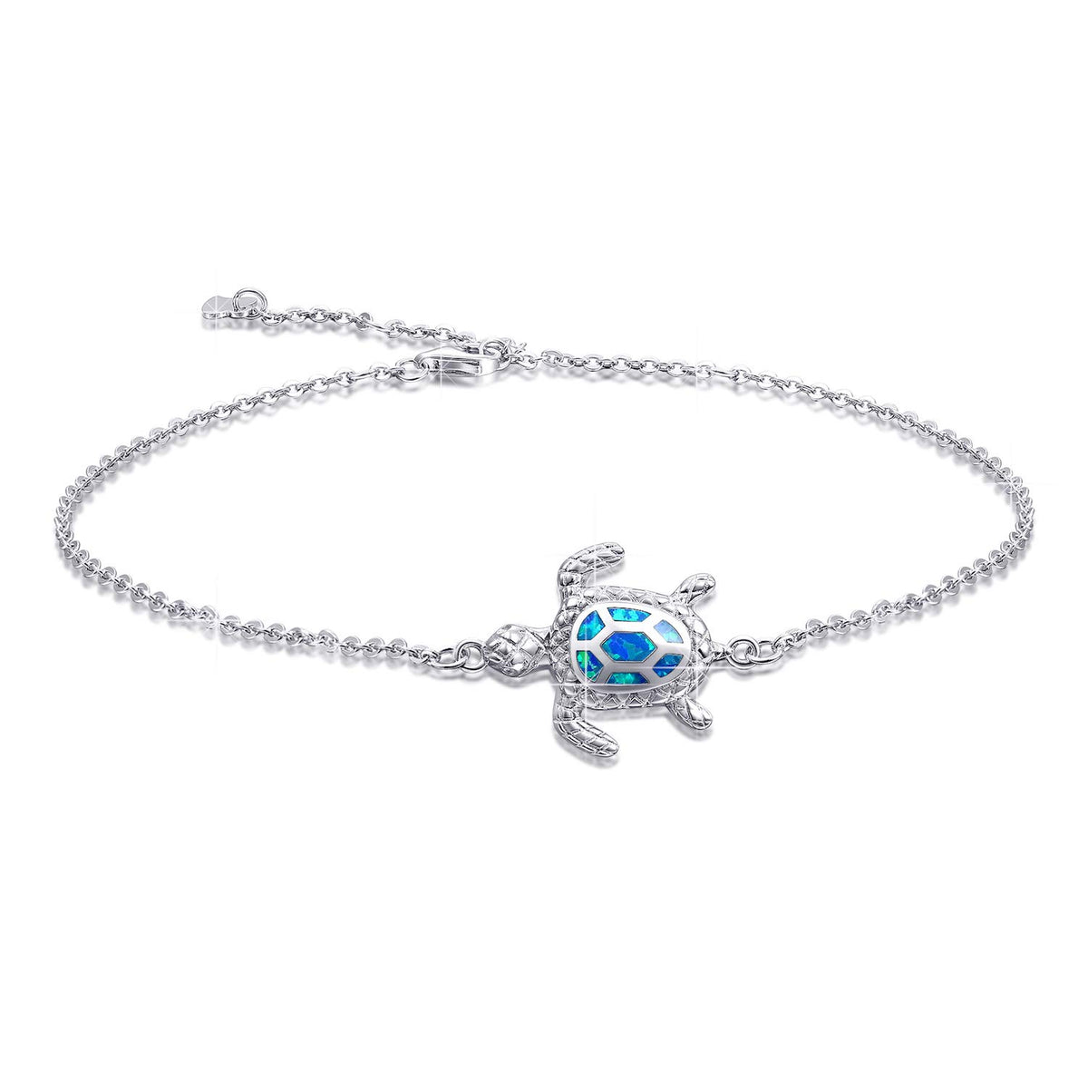 PUPILLEMON 925 Sterling Silver Blue Opal Sea Turtle Anklet for Women