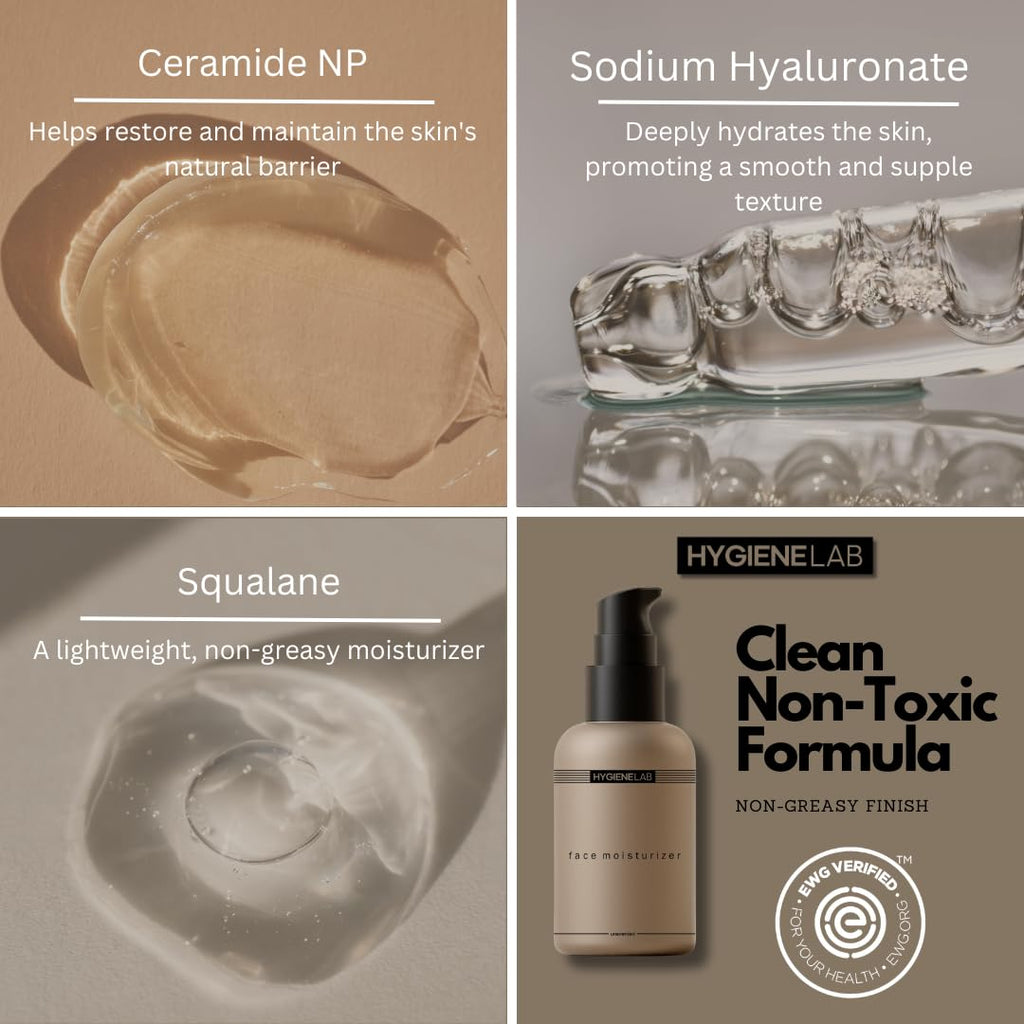 HygieneLab Face Moisturizer - EWG Verified, Unscented, Non-Greasy Hydration with Squalane, Aloe Vera, Ceramides & Hyaluronic Acid - 1.7 fl oz