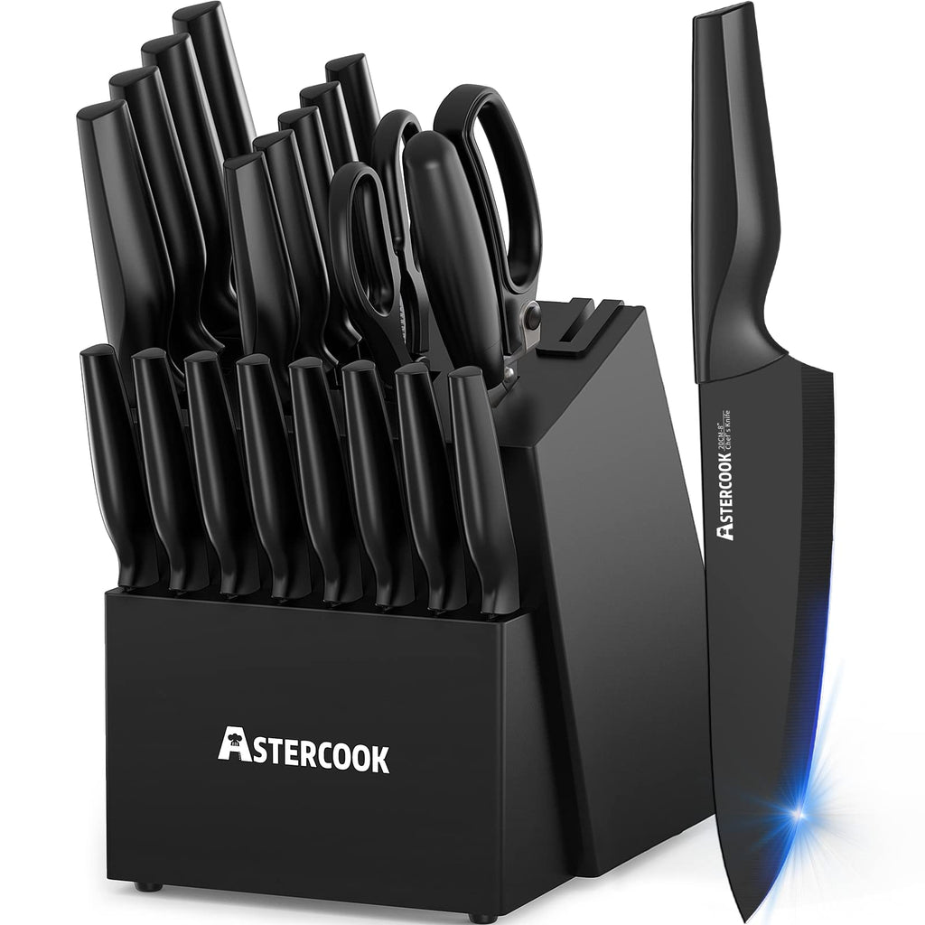 Knife Set, Astercook 21 Pieces Knife Sets for Kitchen with Block, Dishwasher Safe Kitchen Knife Set with Built-in Sharpener, German Stainless Steel Black Knife Block Set, Fathers Day Gift for Men