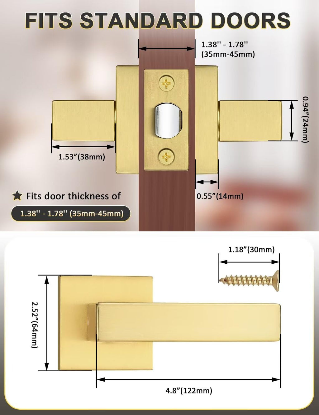 Tinewa 5 Pack Gold Keyless Square Levers Handles, Satin Brass Finish, Interior Passage Door Locksets for Hall Closet Door Knobs Lock Reversible Right & Left Handed