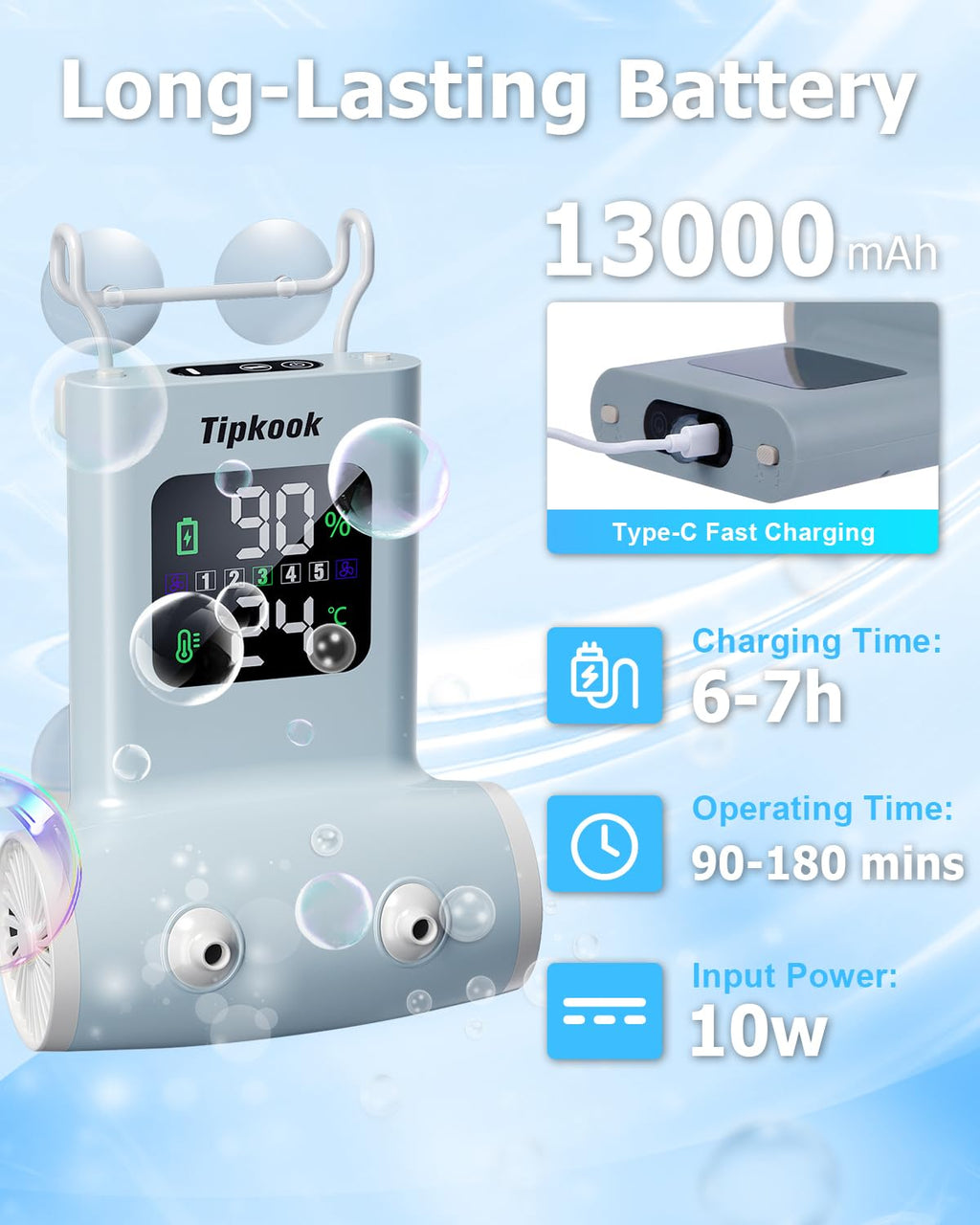 Tipkook Portable Bath Jets for Tub: 5-Speed Jet Spa for Bathtub with LED Display, Bath Jet/Bubble Mode, Rechargeable Bath Jets, Dual Water Outlet, IPX8 Waterproof, Ideal Gift for Home - Blue
