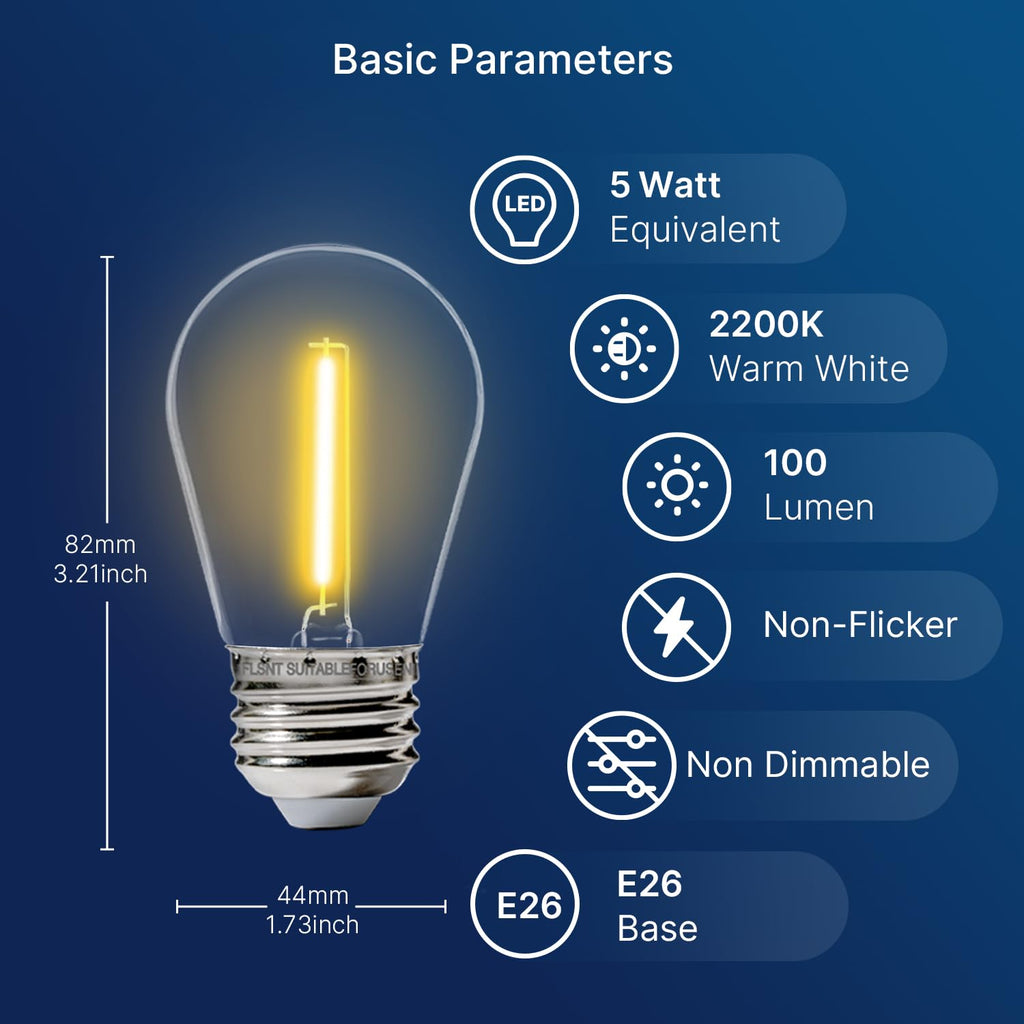 FLSNT 48 Pack LED S14 Replacement Light Bulbs for String Light, Waterproof Outdoor LED Bulbs, E26 Base, 2200K Warm White, Non-Dimmable