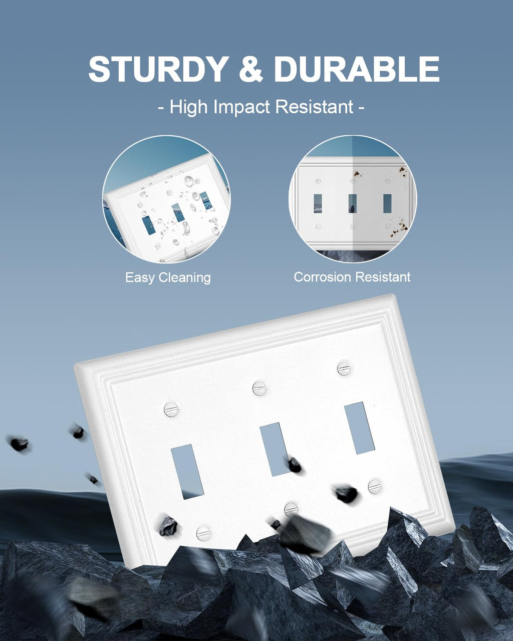 ZILLSEA Metal Wall Plates, Decorative Switch Plates and Outlet Covers (Pure White/3 Toggle 2 Pack)
