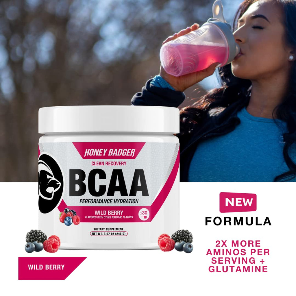 Honey Badger BCAA + EAA Amino Acids Powder, BCAAs + L-Glutamine, Keto, Vegan, Sugar Free for Men & Women, Hydration & Post Workout Muscle Recovery Drink Mix, Wild Berry, 30 Servings