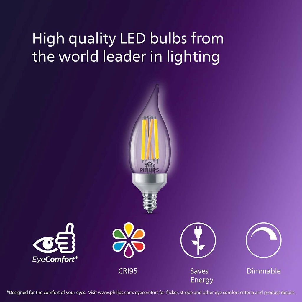 PHILIPS LED 75W BA11 E12 or E26 Adapter Base 3-Pack Ultra Definition Daylight (5000K) 700 Lumen (5.5W = 75W) Dimmable Flicker-Free Candelabra Light Bulbs