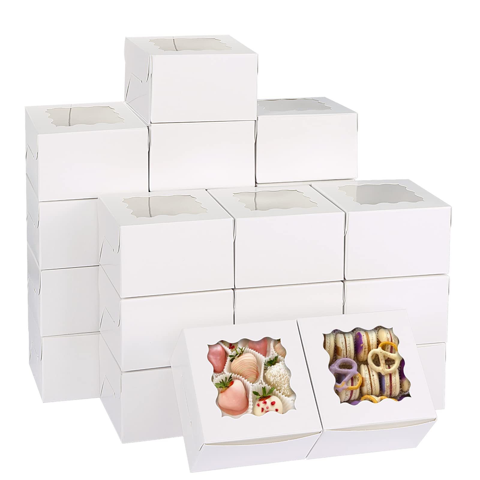 120pcs Small Cookie Boxes with Window, 4x4x2.5 In White Bakery Boxes
