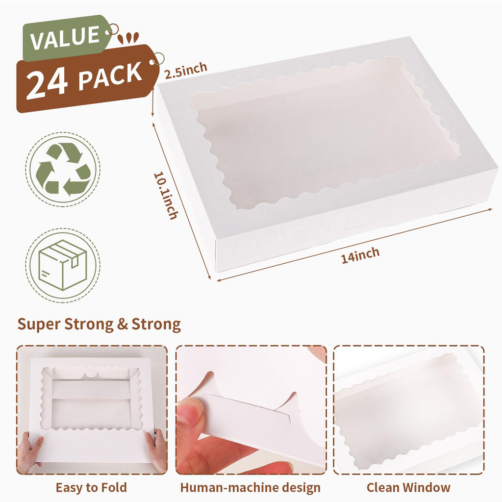 PFAMKEER 24pcs Cookie Boxes,14x10x2.5 Inch Large Bakery Boxes with Window for Pies Chocolate Strawberries Muffins Donuts Pastry Dessert Christmas(White) (White, 14 * 10 * 2.5inch/24pcs)