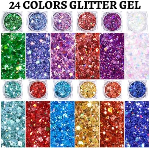 Teenitor 24 Colors Face Glitter Body Glitter Gel, Hair Glitter Gel, Glitter for Halloween Makeup, Face Makeup Glitter Gel for Face, Body, Hair