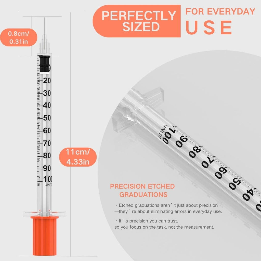 Himeland U-100 1ml/cc Disposable Insulin Syringe with 31G 5/16" (8mm) Needle | 100 Pack Individually Wrapped | Lab Supplies