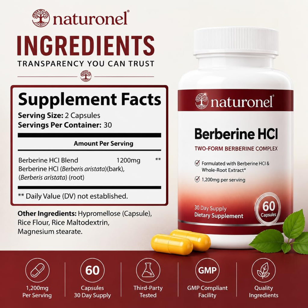Naturonel Berberine HCl 1200mg Supplement - Supports Metabolic Health & Cellular Energy Metabolism - High Absorption Berberine Supplement for Metabolic Health (1 Bottle)