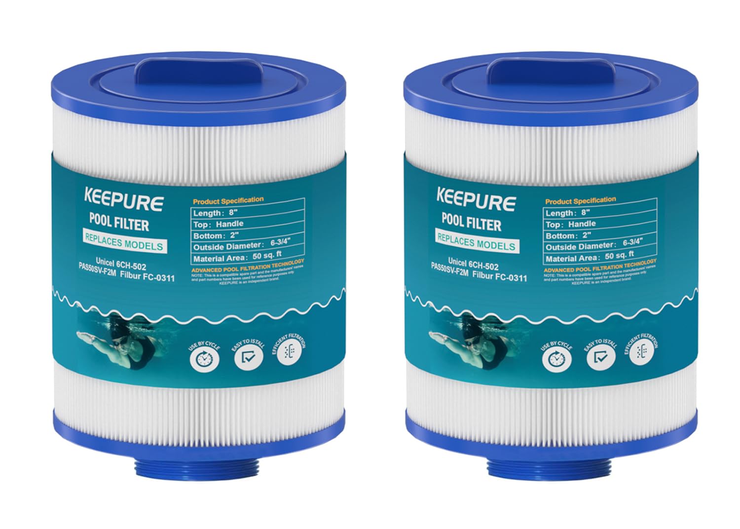 KEEPURE PAS50SV-F2M Hot Tub Filter Replacement for Artesian Spas,06-0005-12,6CH-502,06-0006-12,Filbur FC-0311,XLS-604,AR50,AK-9016,M60506 Spa Filter,50 Sq.ft,2Pack