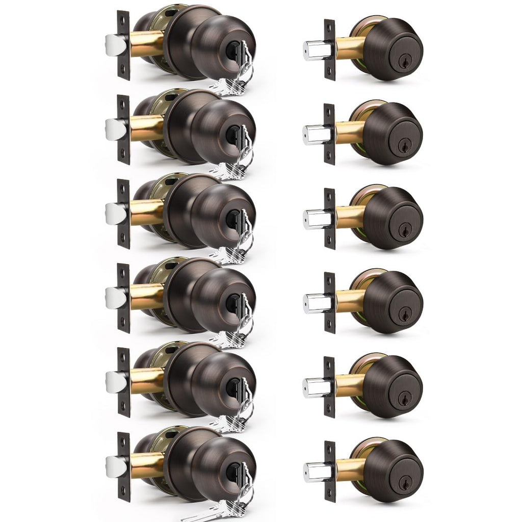 Brotima 6 Pack Entry Door Locksets with Single Cylinder Deadbolt, Oil Rubbed Bronze Exterior Door Lock Set with Same Key, Front Roound Door Knob and Deadbolt Set