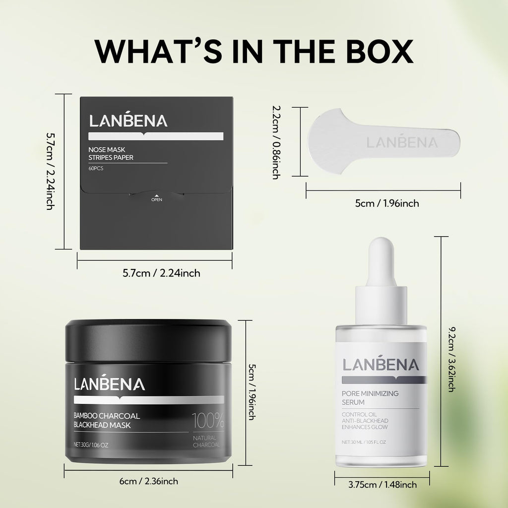 LANBENA 3-in-1 Blackhead Removal Set - Bamboo Charcoal Pore Strips (30g), Pore Minimizing Serum (30ml) & Removal Paper - Mask for Face, Minimizes Pores & Leaves Skin Fresh & Clean, Blackhead Remover