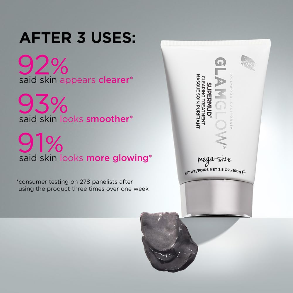 Glamglow SUPERMUD Instant Clearing Treatment Face Mask | Clearing Face Mask For Acne Prone Skin and Oiliness to help Minimize Pores | Activated Charcoal, BHA & AHAs, 3.5 Ounce