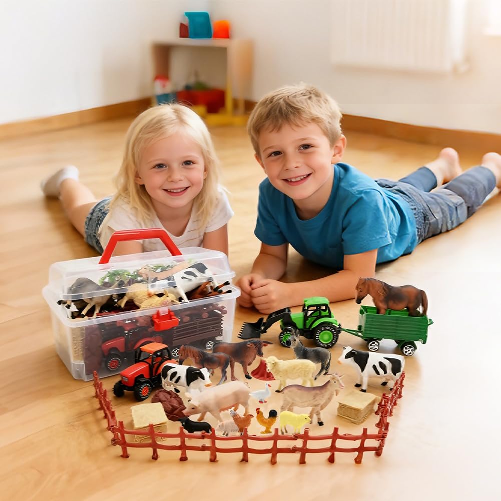 Kimicare 3 Pack Farm Toy Tractor with 40pcs Plastic Farm Animals Figurines and Fence Farm Playset, Farm Figures Farmer Vehicle Toy Truck with Trailer Birthday Gifts Christmas Stocking Stuffers