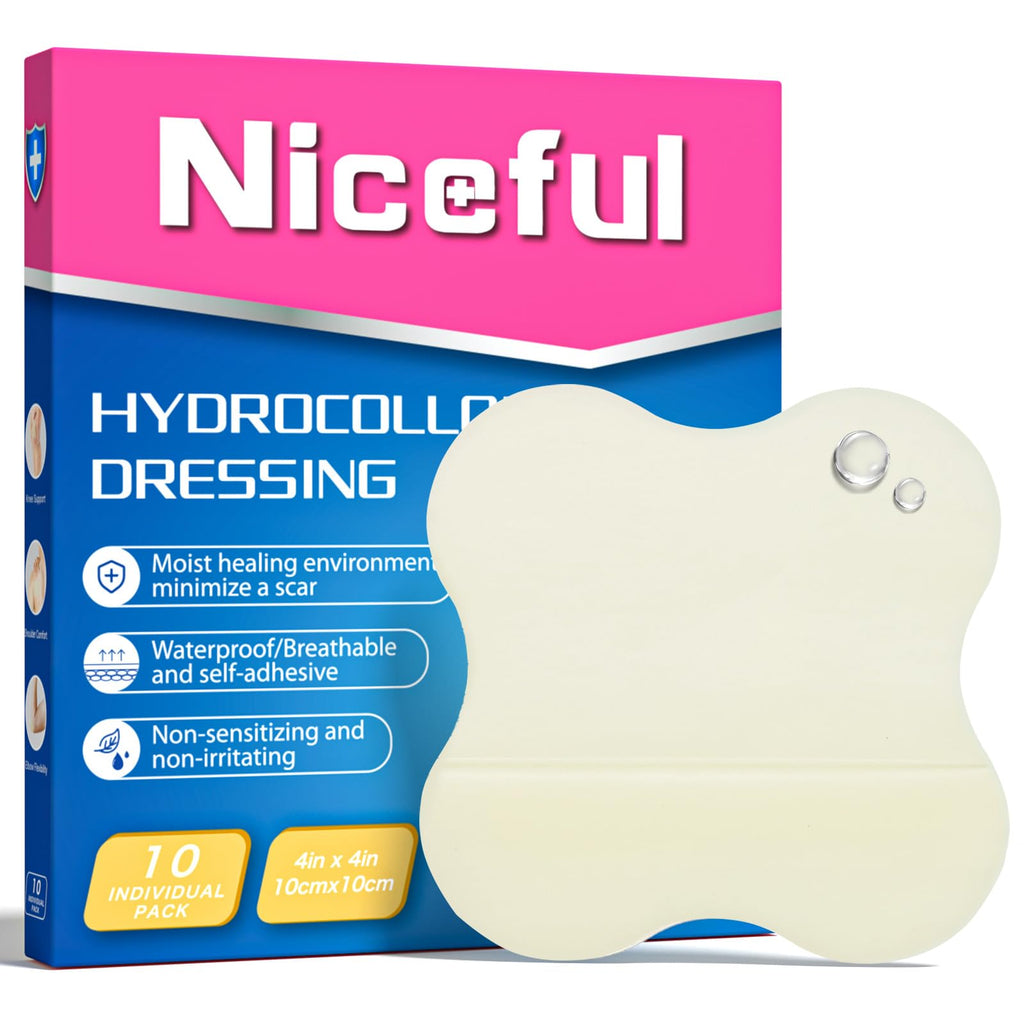 Niceful Hydrocolloid Bandages 4"x4" for Knee, Elbow, 10 Count