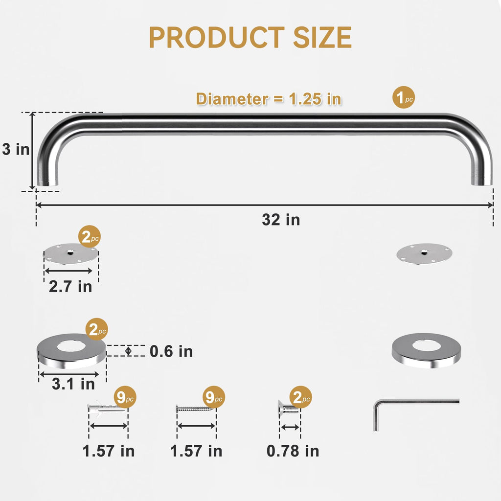 AmazerBath Long Grab Bars for Bathtubs and Showers Anti Slip, 32" L x 1.25" D, Handicap Grab Bars Stainless Steel, Shower Grab Bars for Seniors, Bathtub Handle Bars for Bathroom Holds 500LBS