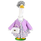JcHrmers Old Lady Porch Goose Outfits Grandma Goose Clothes Old Lady Floral Goose Costume with Curly Wig Necklace Bag Fits 23" Geese Statue for School Lawn Patio Yard Garden Decor (Purple)