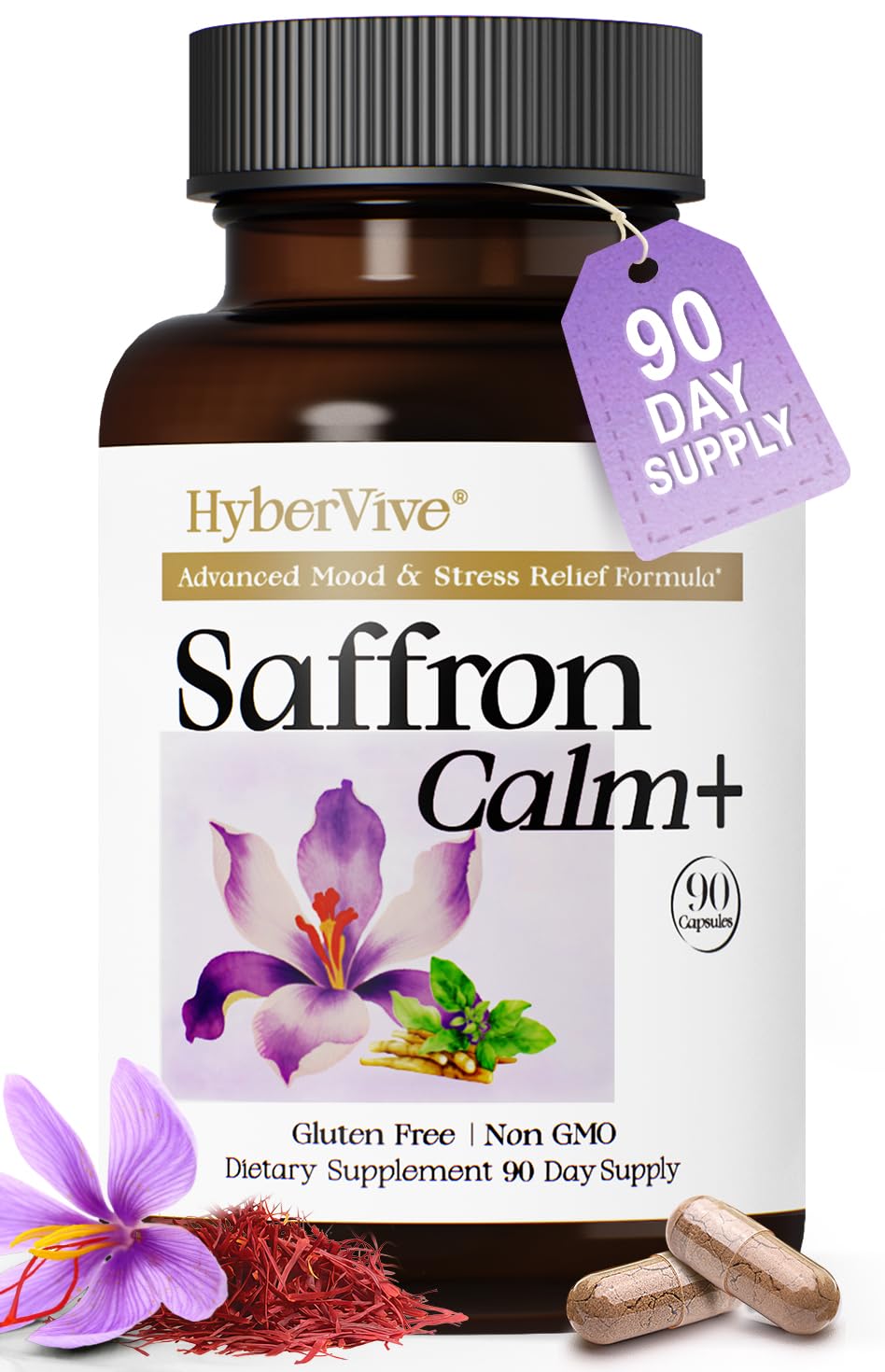 HyberVive Saffron Supplements with Ashwagandha & L-Theanine - 368.5MG - Mood Balance, Stress Relief & Mental Clarity – Cortisol Support for Women & Men, Made in USA, 90 Vegan Capsules
