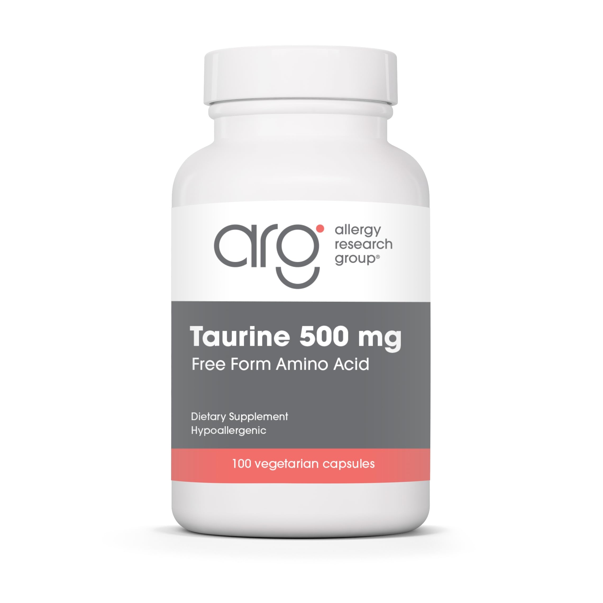 Allergy Research Group ARG Taurine 500 mg - Free Form Amino Acid Supplement - Heart & Electrolyte Support - Cellular Energy & Nervous System - Hypoallergenic - 100 Servings - 100 Capsules