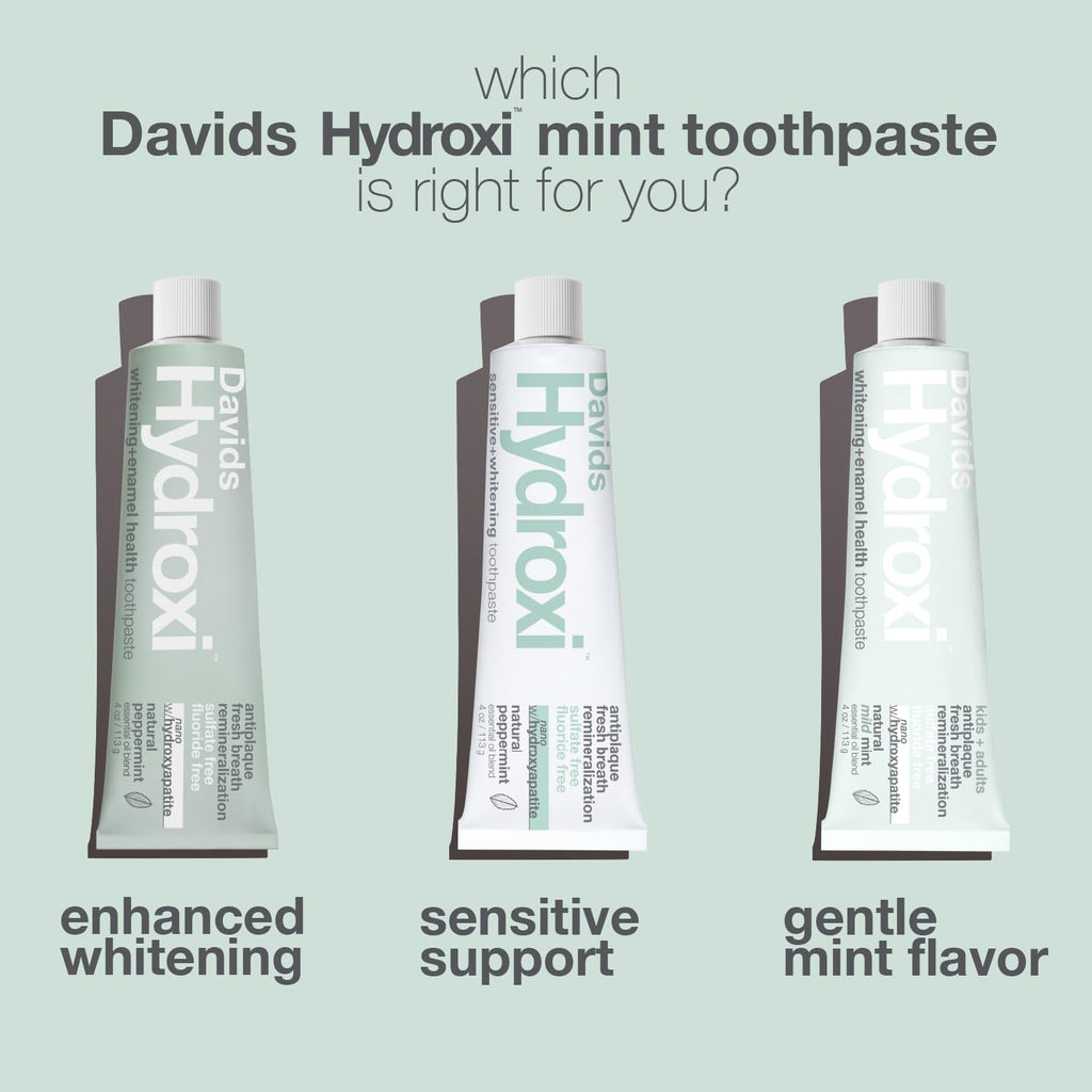 Davids Hydroxi Fluoride Free Nano Hydroxyapatite Whitening + Enamel Health Toothpaste, Antiplaque, Fresh Breath, Remineralizing, SLS Free, Natural Peppermint, 4 oz, Made in USA