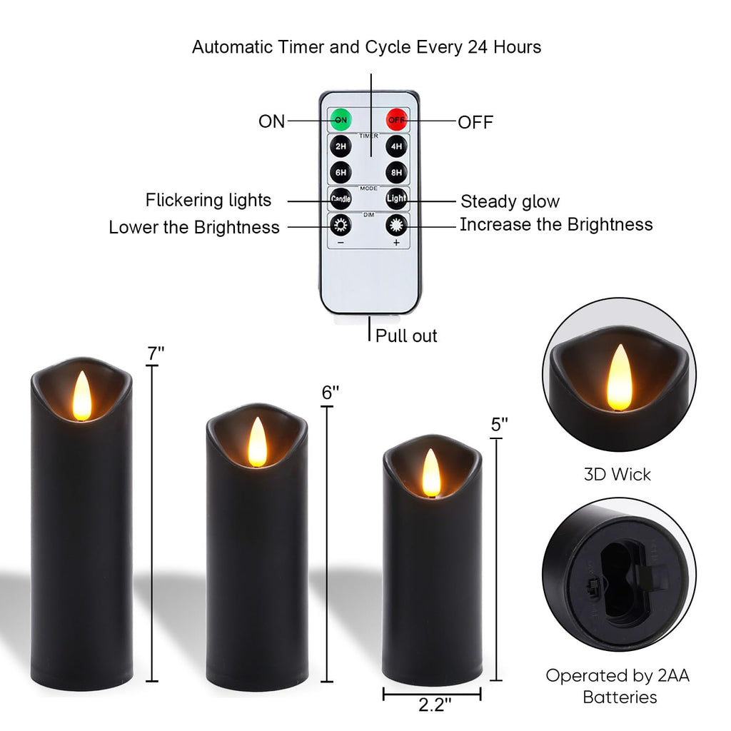 Homemory Black Halloween Flameless LED Pillar Candles, Remote Timer, 9 Pack