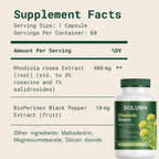Skinclean Soluma Rhodiola Rosea, Rhodiola Rosea Supplement with Bioperine, Energy, Stress and Mental Focus Support, Immune Function, All-Natural, 60 Capsules