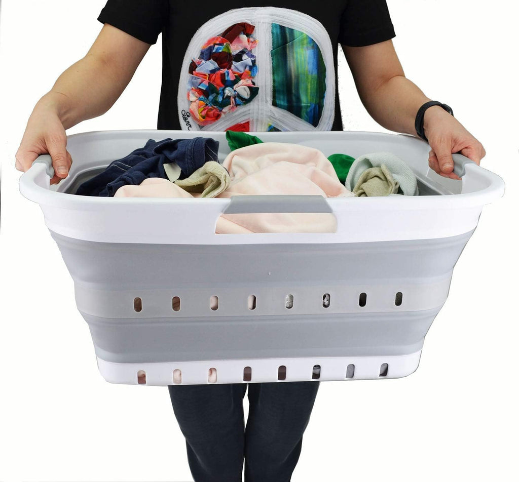 SAMMART 42L (11 gallon) Collapsible Plastic Laundry Basket - Foldable Pop Up Storage Container/Organizer - Space Saving Hamper/Basket (1, White/Grey)