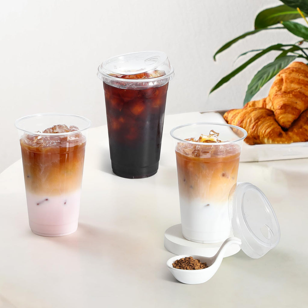 AOZITA 100 Pack 20 oz Plastic Cups With Strawless Sip-Lids, Iced Coffee Cups With Lid BPA Free, Disposable Clear Cup with Lid, To Go Cup for Smoothies, Party Drinks, Bubble Tea, Cold Beverage